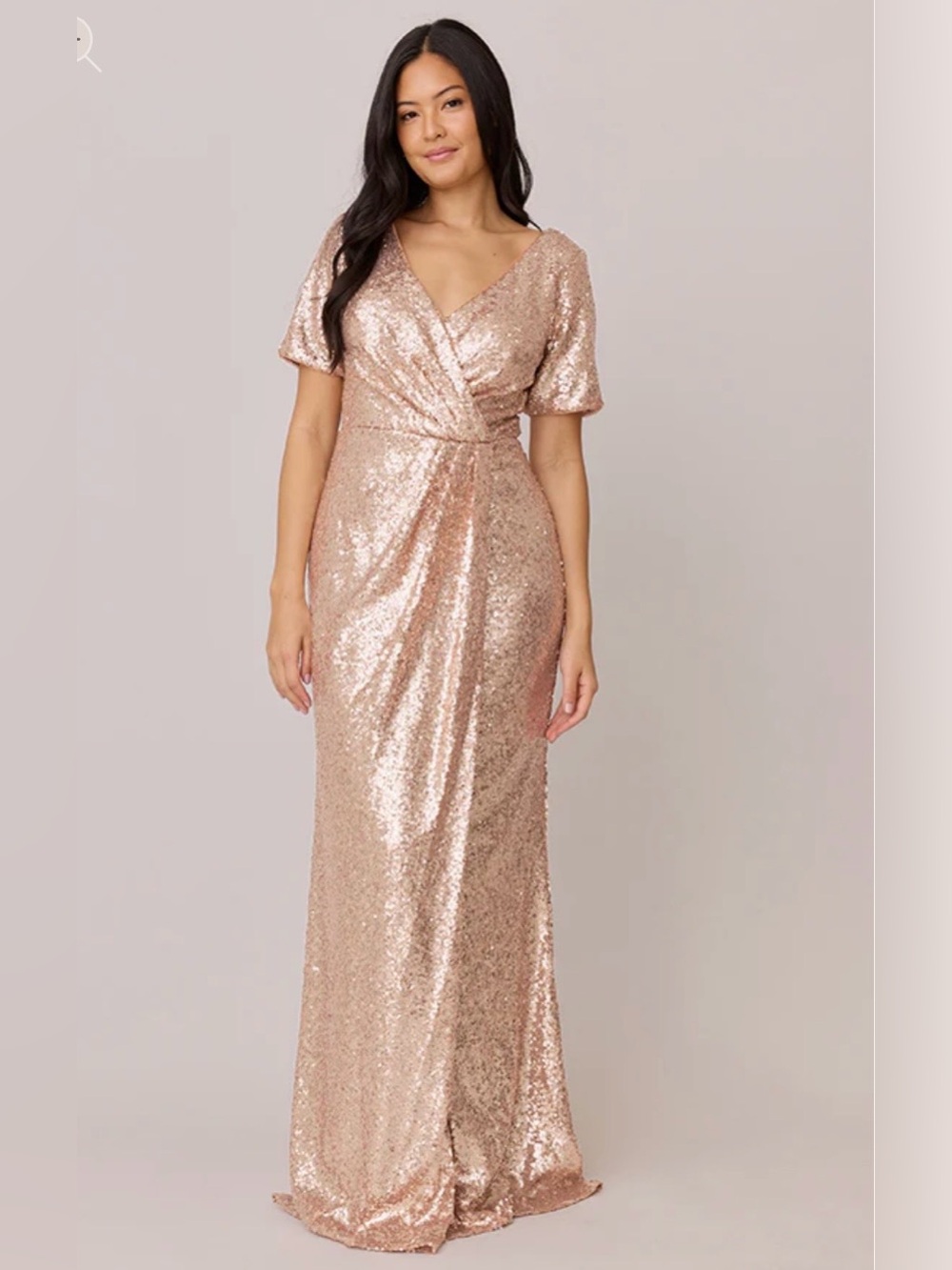 Revelry Champagne Giselle Sequin Maxi Gown Size 16 V-Neck Flutter Sleeve Formal